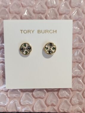 Tory Burch Gold Logo Stud Earrings with Black and Green Enamel
